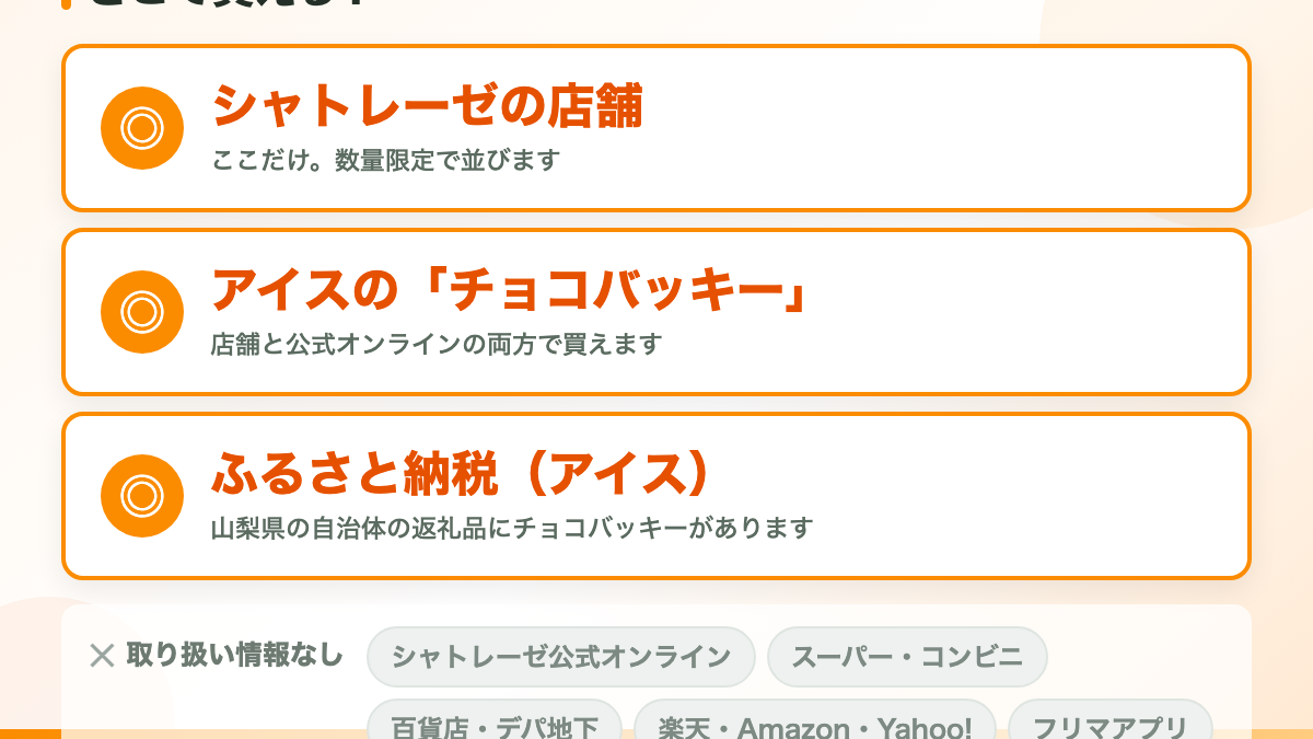 チョコバッキーケーキが買えるのは「シャトレーゼの店舗」です